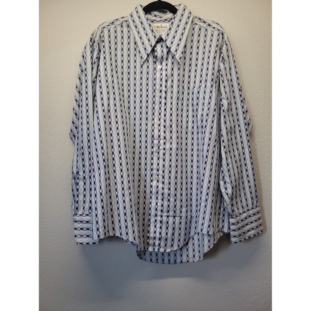Vintage 70's Marlboro Dagger Collar  Men's XL Button Up Shirt Blue Geometric